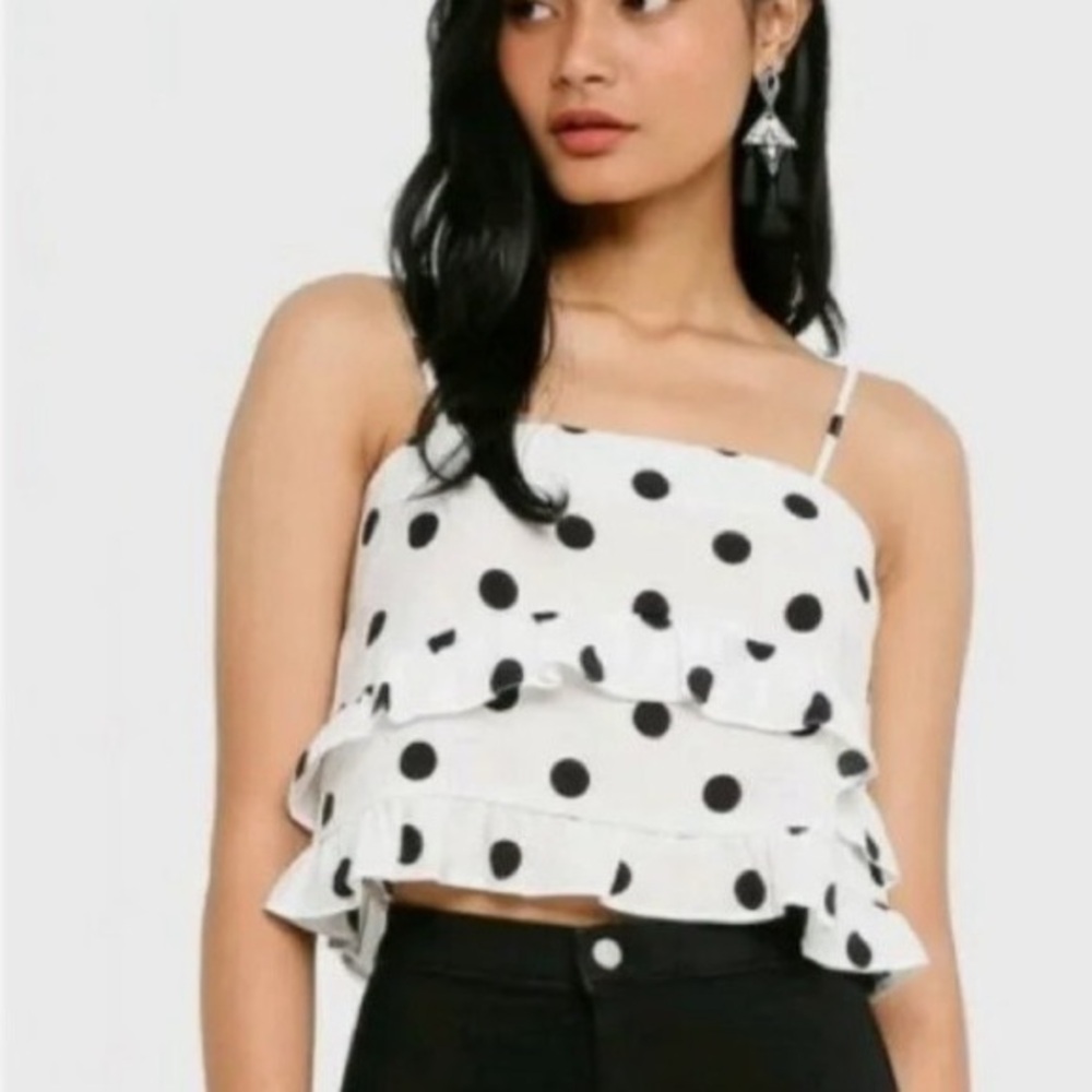 TOPSHOP Polka Dot Ruffle Crop Top - Black & White